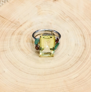 Lemon Topaz Faceted With Emerald Garnet 925 Silver Ring