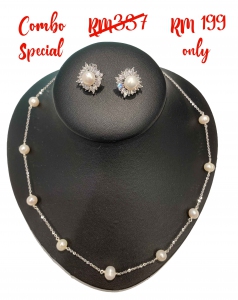 Fresh Water Pearl Stainless Steel Links Necklace & Bling Rhombus Cubic Zirconia Earring Set