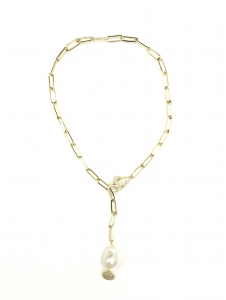 Fresh Water Pearl Baroque Lariat Cubic Zirconia Stainless Steel Necklace