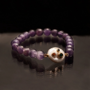 Candy Coin Natural Amethyst & Fresh Water Pearl Elastic Bracelet