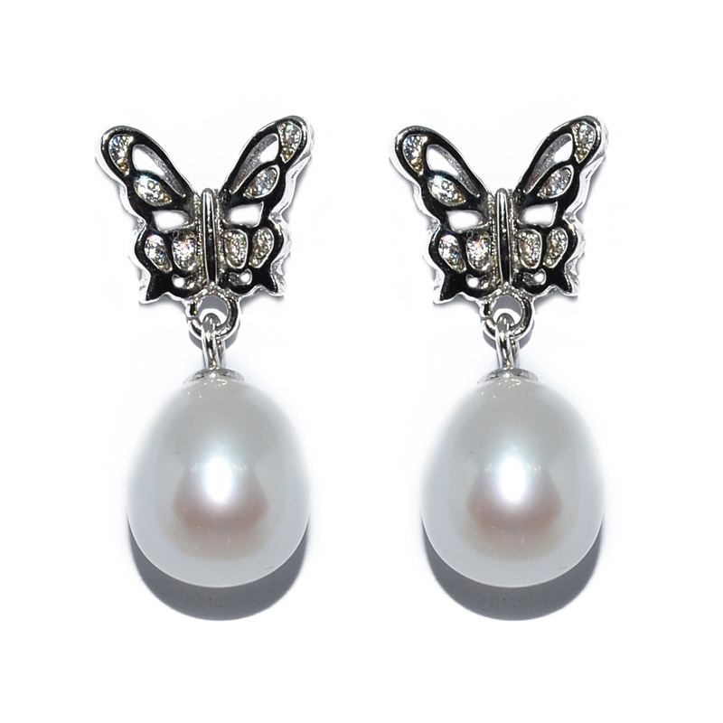 Fresh Water Pearl Teardrop Cubic Zirconia Butterfly 925 Silver Earrings