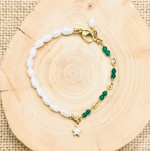 Fresh Water Pearl With Green Onyx Link Bracelet