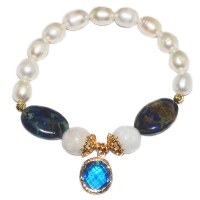 Fresh Water Pearl with Moonstone & Azurite Malachite Blue Zirconia Elastic Bracelet