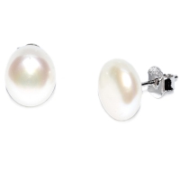 Fresh Water Pearl Button 9-10MM Stud 925 Silver Earring - White