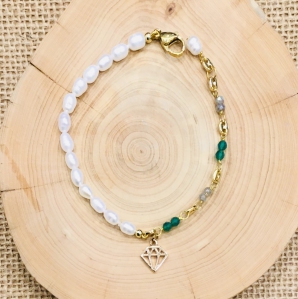  Fresh Water Pearl With Green Onyx  And Labradorite Link Bracelet