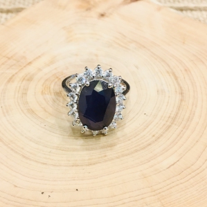 SAPPHIRE TREATED  OVAL FACETED WITH ZIRCONIA SUNFLOWER  925 SILVER RING