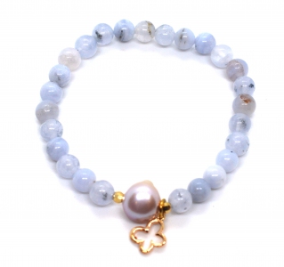 Blue Lace Agate With Fresh Water Pearl Connector Bracelet ( Assorted Charms)