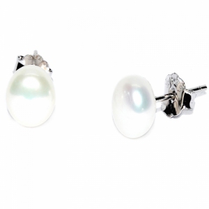 Fresh Water Pearl Button 8.5-9 MM Stud 925 Silver Earring - White