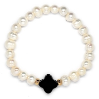 Fresh Water Pearl With Black Agate Clover Bracelet (Assorted Charms/Parts)