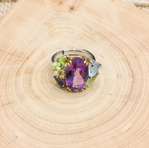 AMETHYST OVAL FACETED WITH MULTI GEMSTONE 925 SILVER  RING