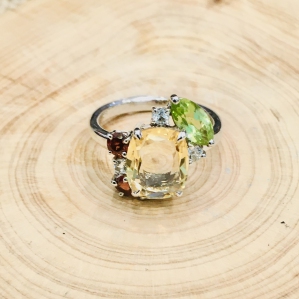 CITRINE SQUARE FACETED WITH MULTI GEMSTONE 925 SILVER RING