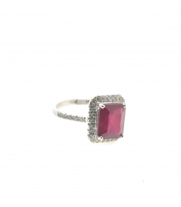 Ruby (Emerald Cut) Cubic Zirconia 925 Sterling Silver Ring White Rhodium Plating