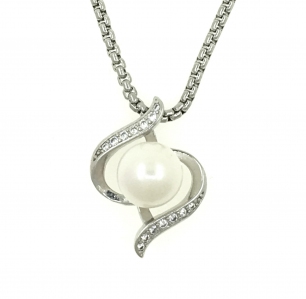 Akoya Pearl Alloy Zirconia Wave Pendant With Stainless Steel Chain