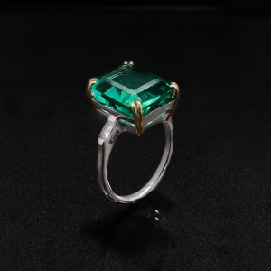 Lab Created Emerald with Simulated Diamond Baguette 925 Sterling Silver Ring