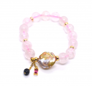 Rose Quartz with Flat Keishi Pearl Charm Bracelet