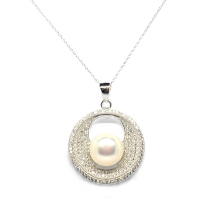 Fresh Water Pearl Orbit Cubic Zirconia 925 Silver Pendant With Chain 