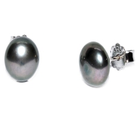 Fresh Water Pearl Button 7-8MM Stud 925 Silver Earring - Black