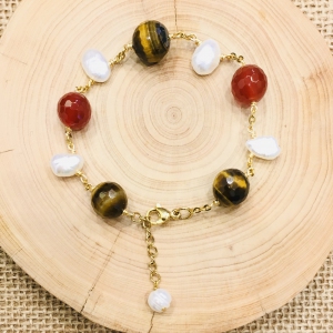 Tiger Eye Red Agate And Fresh Water Pearl Links Bracelet