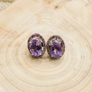 Amethyst Oval Faceted With Pink Tourmaline Jacket 925 Earring